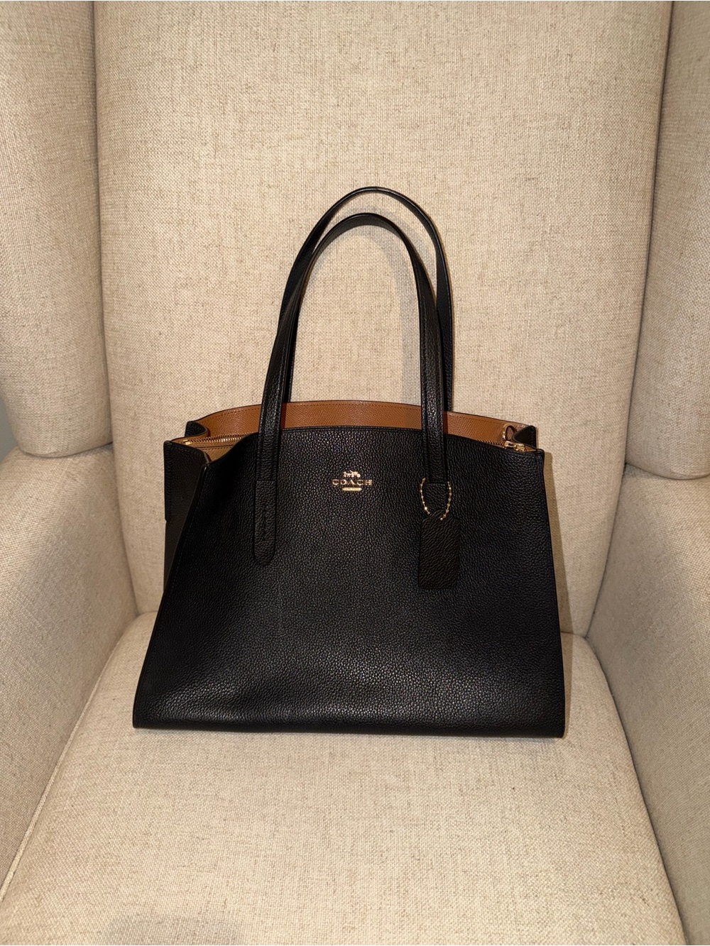 Coach Black Leather Tote with Brown Interior Trim